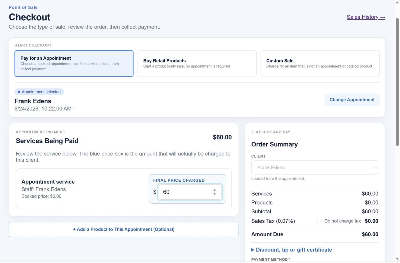 AblePro Portal checkout screen showing an appointment payment and order summary
